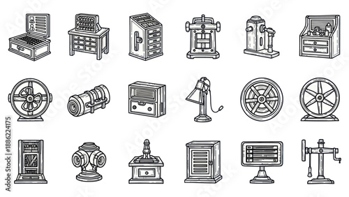 Vintage mechanical devices collection in engraved style isolated elements