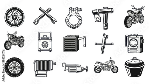Vintage motorcycle parts and tools illustrations in monochrome design