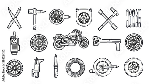Vintage mechanical tools and motorcycle illustration for design projects