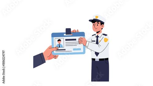Security Check: Guard Inspecting ID Badge - Vector Illustration
