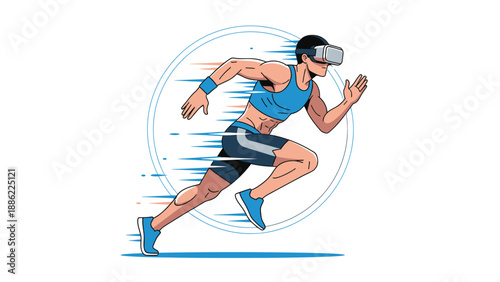 Virtual Reality Fitness: Runner in VR Headset Accelerating Forward