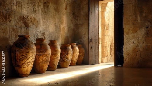 Wallpaper Mural Interior shot of a stone room with a row of old, patterned vases, and a doorway Torontodigital.ca