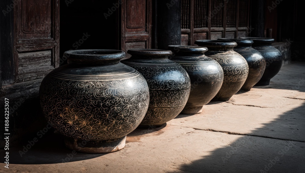 custom made wallpaper toronto digitalRow of large, dark, ornate pottery jars sit outside a weathered wooden building