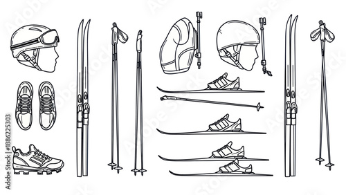 Skiing equipment illustration set skis boots poles helmet and goggles