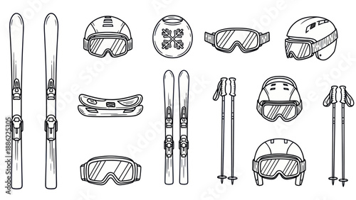 Skiing equipment set skis poles goggles helmets and accessories