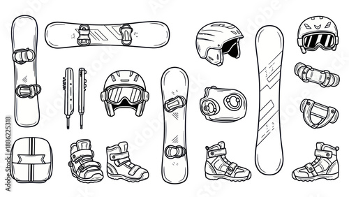 Snowboarding equipment set illustration isolated black and white elements