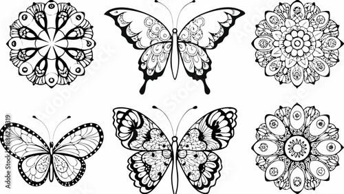 Beautiful black and white mandalas and butterflies with intricate patterns and designs for relaxation and stress relief through adult coloring books and mindfulness activities.