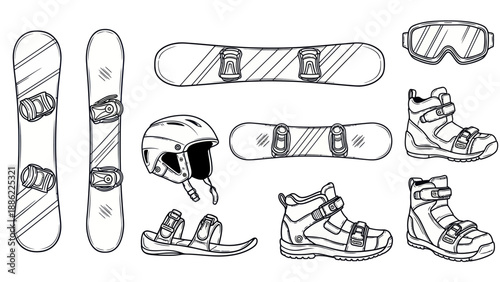 Snowboard gear collection isolated line art illustration for winter sports