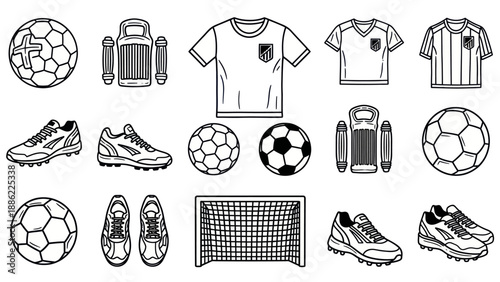 Soccer equipment collection ball shoes jersey goal sports accessories vector set
