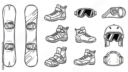 Snowboarding equipment set illustration snowboards boots goggles helmets