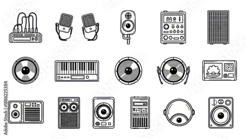 Solar panels and equipment sketches in vector style for renewable energy