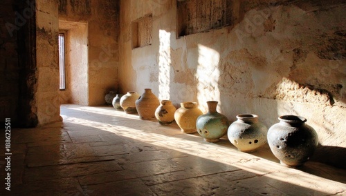 Wallpaper Mural Sunlit interior of an old stone building with a row of ceramic vessels Torontodigital.ca