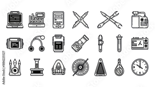 Set of various technical tools and devices black and white line art
