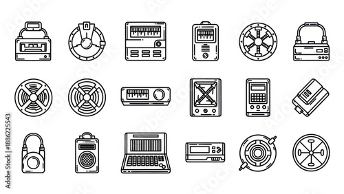 Set of various technical devices isolated black and white vector illustrations