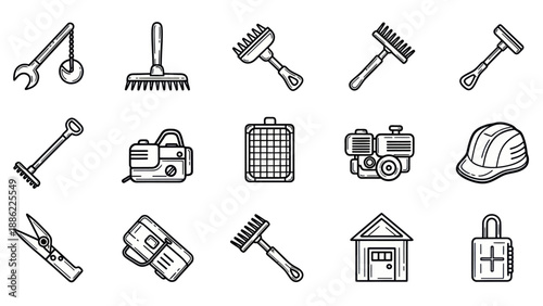 Set of various tools and equipment in black and white outlines