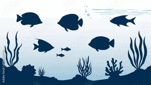Silhouette of various fish swimming underwater with coral and seaweed.