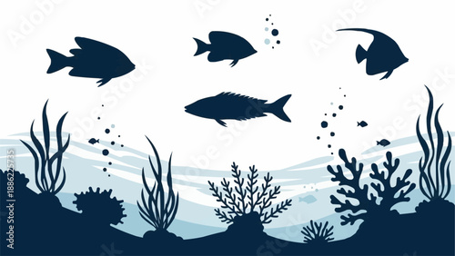 Silhouette of various fish swimming underwater with coral reef.