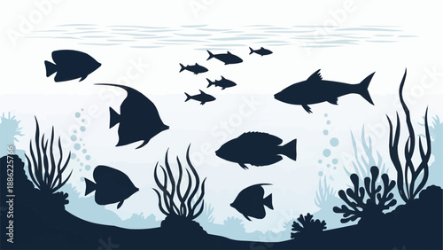 Silhouette School of Diverse Fish Swimming Underwater Scene.