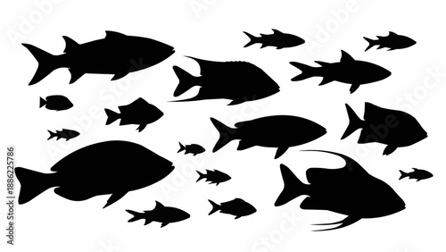 Silhouette school of diverse fish swimming together.