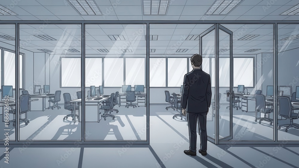 Fototapeta premium Businessman stands observing an empty modern corporate office through expansive glass walls,