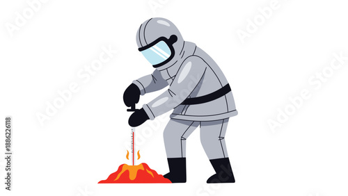 Scientist in Protective Suit Examining Volcano Illustration