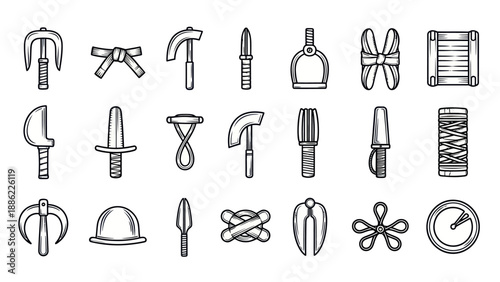 Set of various line art objects and tools illustrations in vector style