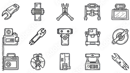 Set of various mechanical tools and robots isolated on white background