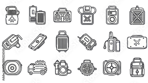 Set of travel tech and tool icons in a minimalist black and white design