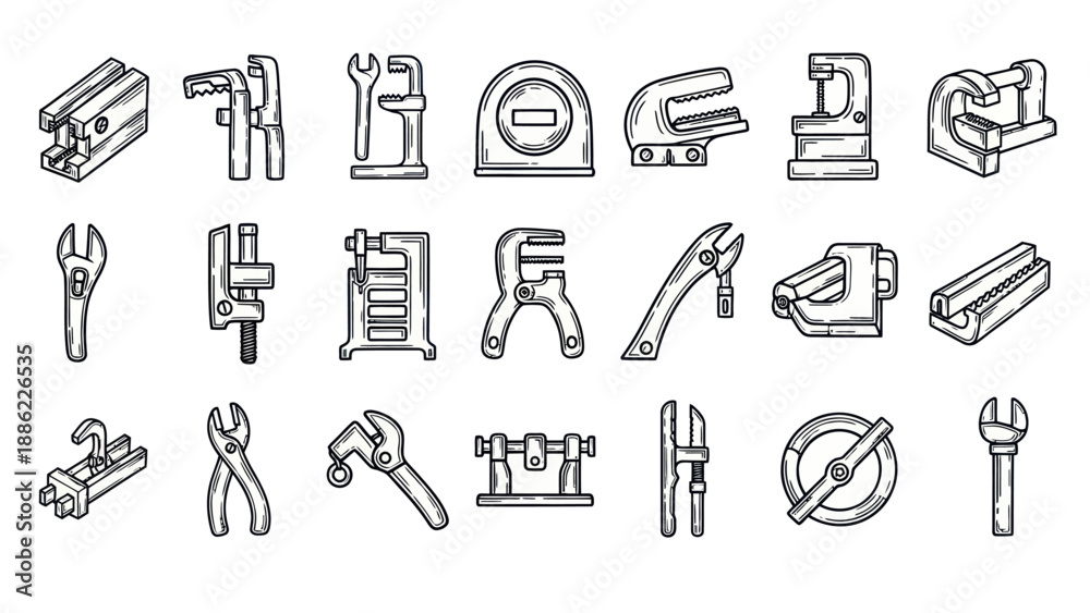 Fototapeta premium Set of various hand tools illustrations for industrial and construction