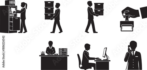 Black Solid Administrative Task Silhouettes Set of Six on White Background