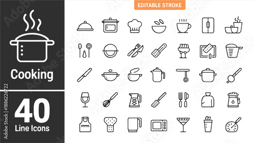 A Collection of 40 Thin Line Icons Representing Various Aspects of Cooking and Kitchenware