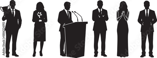 Black Solid Business Awards Silhouettes Set of Six on White Background