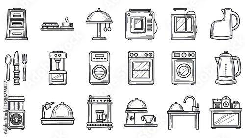 Set of kitchen and household objects line art illustration isolated
