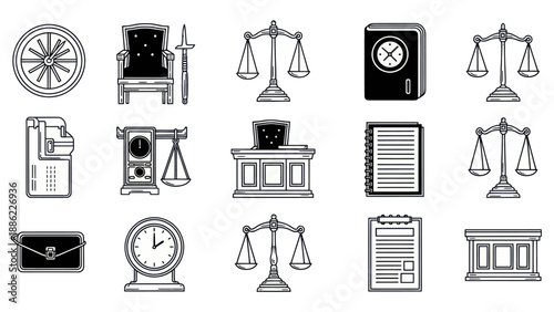 Set of legal and justice icons scales clock chair and documents