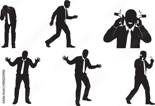 Black Solid Business Crisis Silhouettes Set of Six on White Background