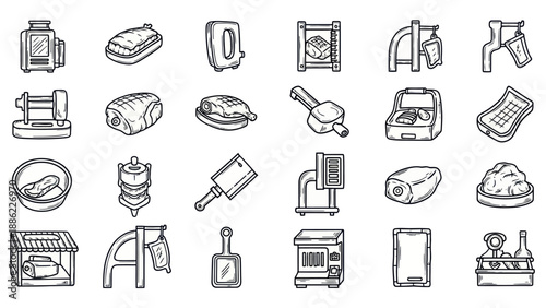 Set of meat processing equipment illustrations for butchery and food production