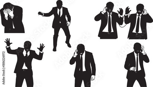 Black Solid Business Crisis Silhouettes Set of Six on White Background