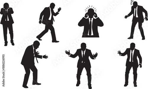 Black Solid Business Crisis Silhouettes Set of Six on White Background