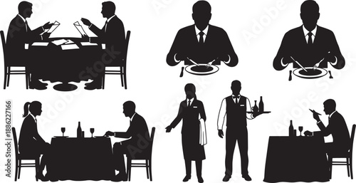Black Solid Business Lunch Silhouettes Set of Six on White Background