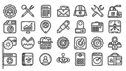 Set of black and white vector icons for business technology and tools