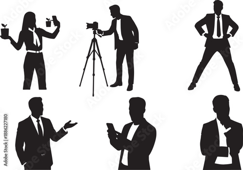 Black Solid Business Influencer Silhouettes Set of Six on White Background