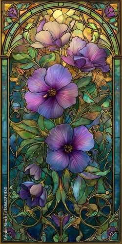 Stained Glass Window with Purple Flowers