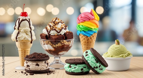 Delicious Ice Cream Assortment - Cones, Sundaes, and Sandwiches.