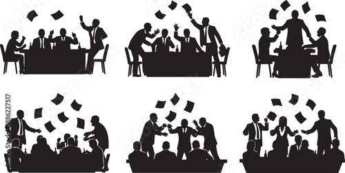 Black Solid Chaotic Meeting Silhouettes Set of Six on White Background