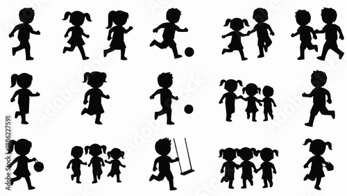 Silhouettes of children playing and interacting in various poses.