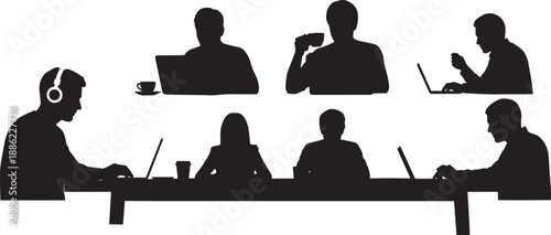Black Solid Coworking Space Silhouettes Set of Six on White Background