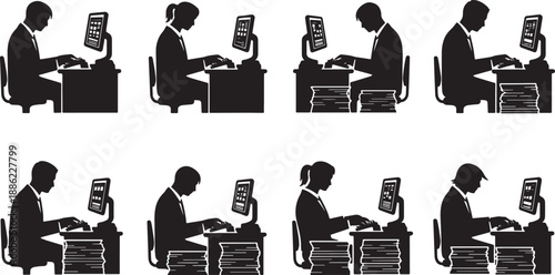 Black Solid Data Entry Clerk Silhouettes Set of Six on White Background