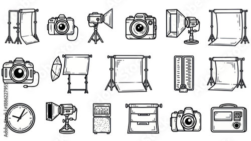Photography equipment collection camera studio lighting backdrops and accessories