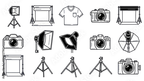 Photography equipment collection camera lighting tripod and backdrop icons
