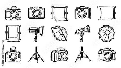 Photography equipment collection cameras lighting and backgrounds illustration